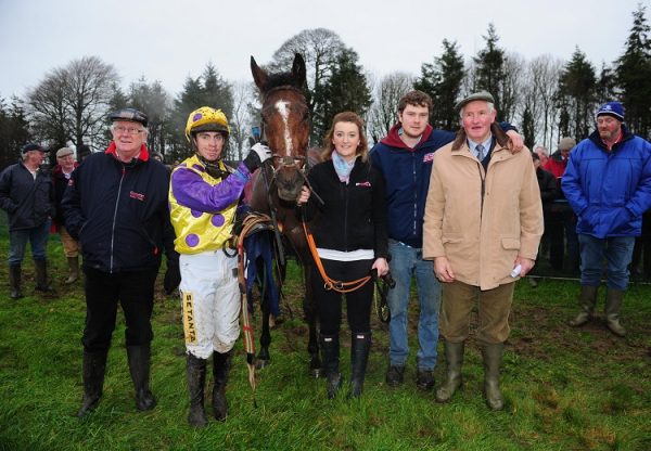 Three Swallowsnick (Westerner) pictured with connections after winning a 4yo mares point-to-point