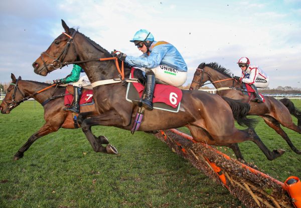 Marie's Rock (Milan) winning the Introductory Hurdle at Haydock